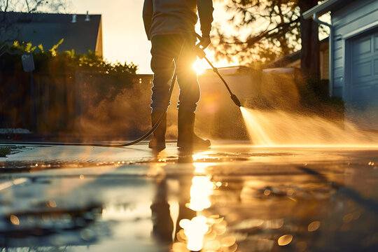 Professional pressure washing a driveway at golden hour